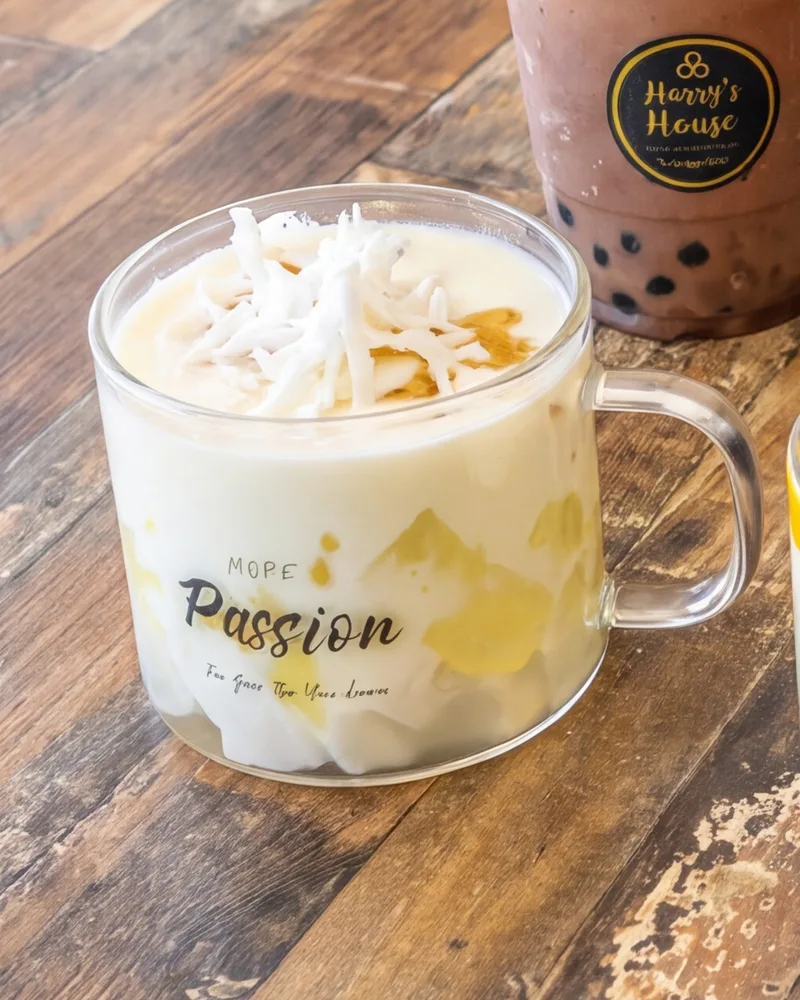 A Coco Nana in a glass mug on the timber table: coconut jelly under coconut cream and shredded coconut